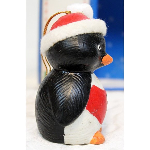 VTG 80s Porcelain Christmas Penguin Ornament Bell Santa Pom-Pom Vest Gift Black - Picture 3 of 12
